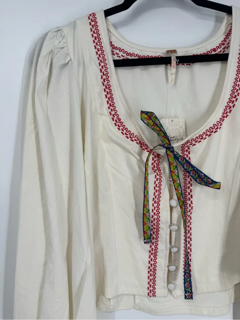 NWT Free People Mada Top Cream Peasant Boho Cropped Scoop Neck Blouse Size L